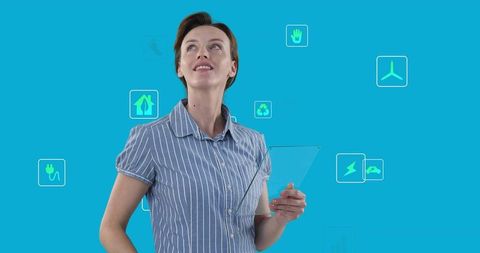 Businesswoman embracing digital and sustainable future with transparent tablet