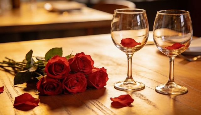 Romantic dinner scene featuring red rose bouquet and two wine glasses