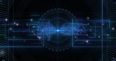 Futuristic Data Stream Interface with Central Light and Circular Dial