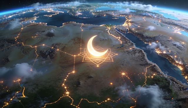 Glowing crescent crowning desert star motif over illuminated coastal network at night