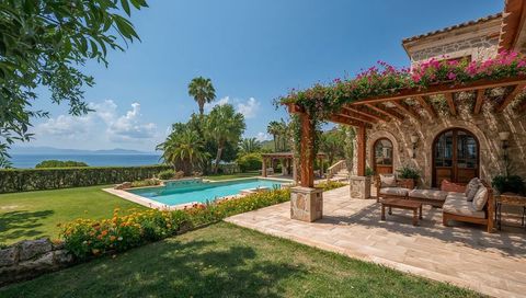 Sunlit mediterranean villa terrace with wooden pergola, cushioned lounge and sea view