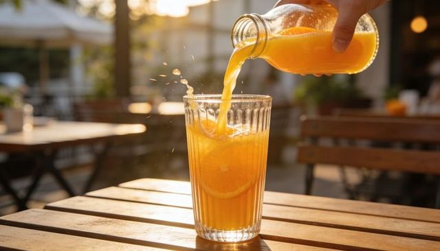 Sunlit pouring fresh orange juice into ribbed glass with orange slice on cafe table