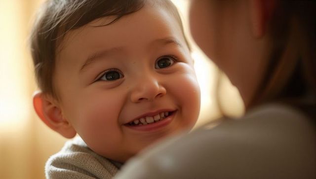 Smiling baby resting on caregiver shoulder showing baby teeth and warm family bond
