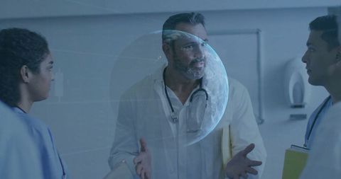 Medical Professionals Discussing Futuristic Holographic Technology