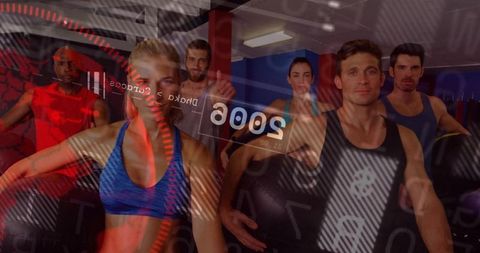 Energetic group fitness class holding stability balls with digital overlay and teamwork