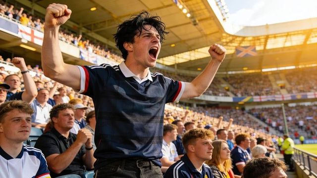 Young male football fan cheering wildly in packed stadium, raising fists in celebration