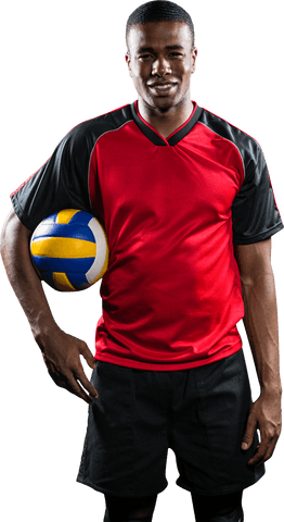 Confident Athlete Holding Volleyball in Transparent Red and Black Jersey