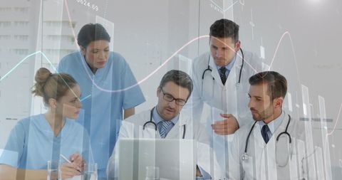 Medical Team Discussing Data with Digital Interface Overlay