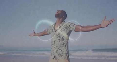Man Embracing Freedom on Sunny Beach with Glowing Animation