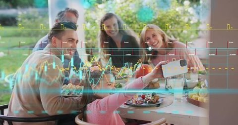 Multigenerational Family Taking Selfie on Patio with Digital Data Overlay and Charts