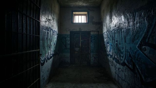 Abandoned Prison Corridor with Graffiti and Rusted Door