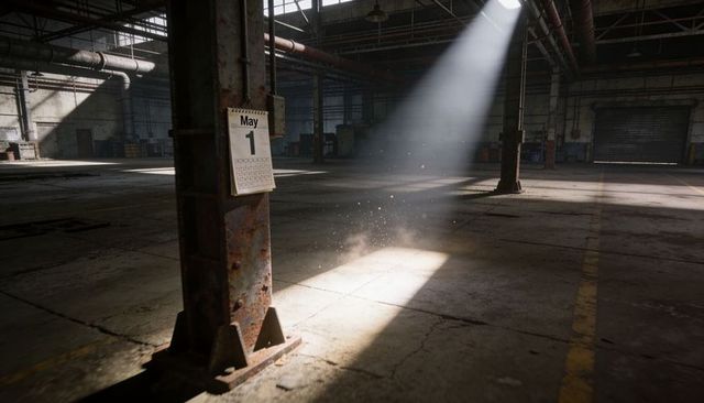 Sunbeam revealing dust and rust on steel column with may 1 calendar in industrial warehouse