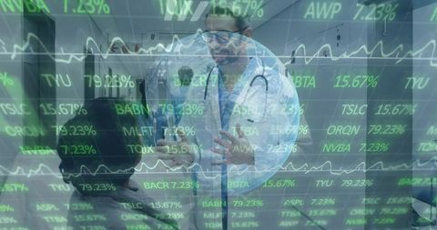 Doctor consulting patient with financial data overlay representing healthcare analytics