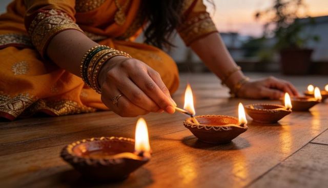 Indian woman lighting clay diyas in orange sari at dusk on terrace for diwali ritual