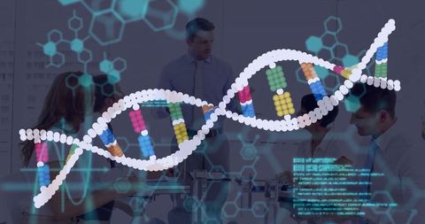 Floating dna helix over scientists in genetics conference