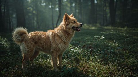 Golden-coated dog in tranquil misty forest