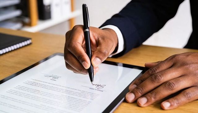 Businessman signing digital contract on tablet with pen, close-up hands signing agreement