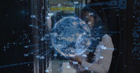 Professional Woman Interacting with Holographic Globe and Data Network for AI Analytics