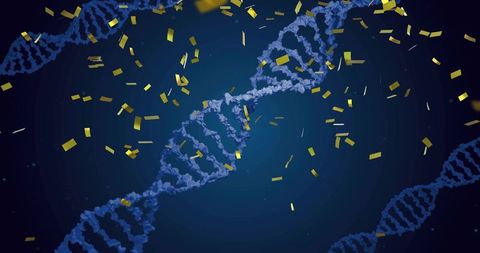 Vibrant DNA Helix with Gold Confetti Symbolizing Scientific Innovation