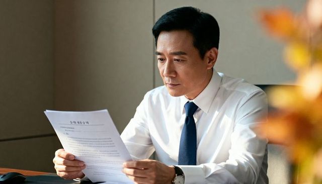Executive Reading Contract at Office Desk Wearing White Shirt and Navy Tie, Concentrating