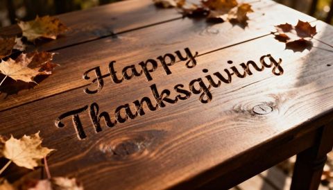 Sunlit wooden table carving happy thanksgiving surrounded by autumn maple leaves on deck
