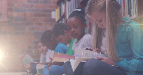Diverse Children Engaged in Reading Books in School Library