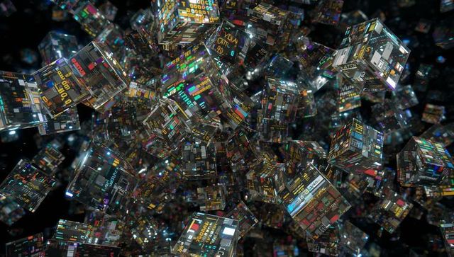 Holographic glass cubes floating in cyberpunk void with neon circuitry reflections, prismatic depth