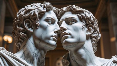 Classical marble busts in illuminated museum hall