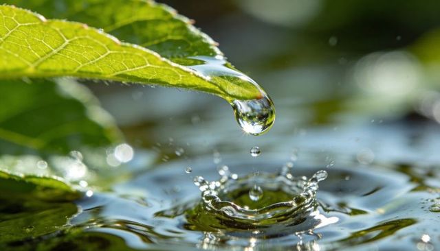 Sunlit leaf drip creating splash crown macro, droplet falling from green serrated leaf