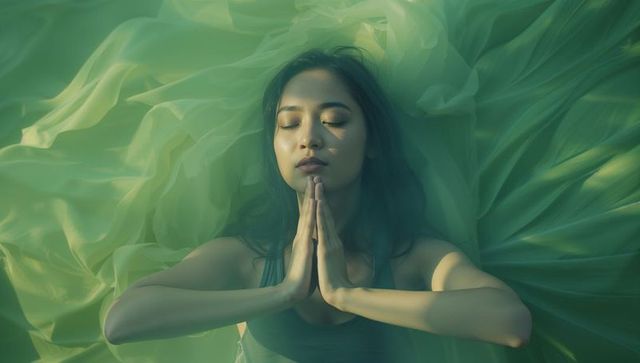 Serene Woman Meditating with Translucent Green Fabrics