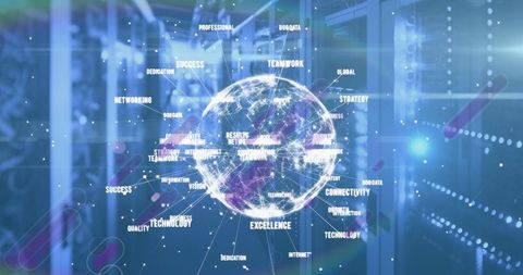 Futuristic Network Globe Projected Over Data Center Servers - Download Free Stock Images Pikwizard.com