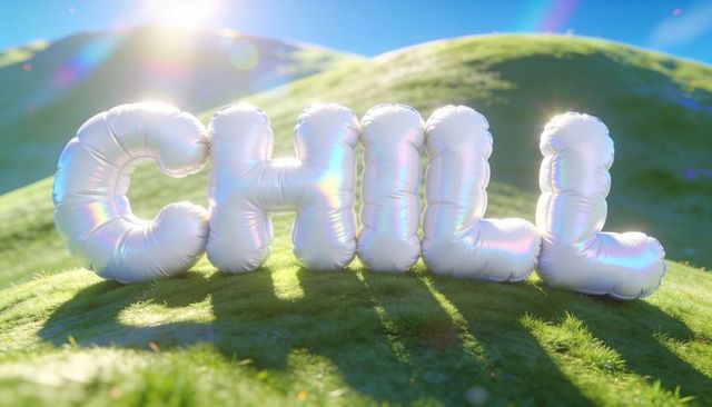 Iridescent chill balloon letters glowing on sunlit meadow casting lens flare shadows