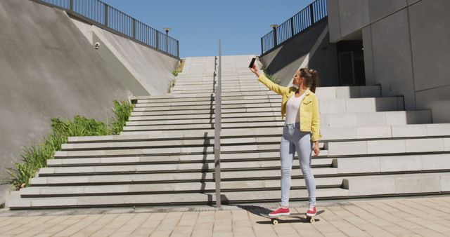 Young woman skateboarding while taking a selfie with smartphone near urban stairs on a sunny day. Depicts modern lifestyle and social media engagement. Suitable for use in promotions about youth culture, lifestyle, social media influence, leisure activities, and urban scenes.
