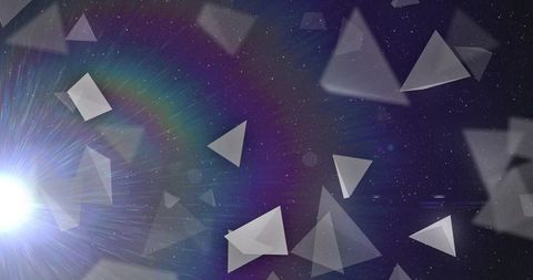 Glass prism triangles floating over cosmic starfield with radiant lens flare and bokeh