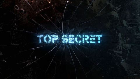 Neon Top Secret Text Breaking Through Radial Shattered Glass with Cyan Glow