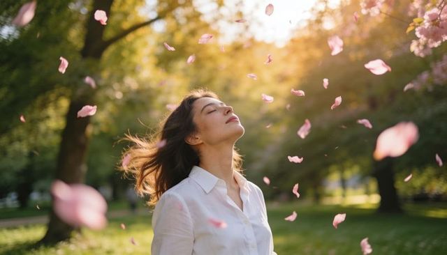 Serene woman enjoying spring blossom breeze in sunlit park with falling pink petals