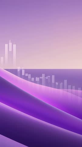 Vertical abstract purple waves with translucent candlestick chart for fintech visualization
