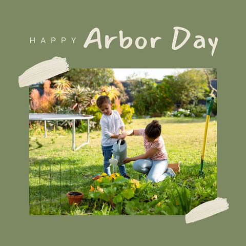 Siblings Gardening for Arbor Day Celebration in Lush Garden