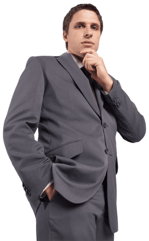 Thoughtful Businessman Wearing Gray Suit on Transparent Background