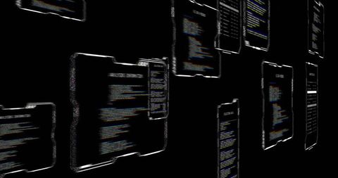 Glitchy floating file panels displaying blurred code and neon chromatic data on black