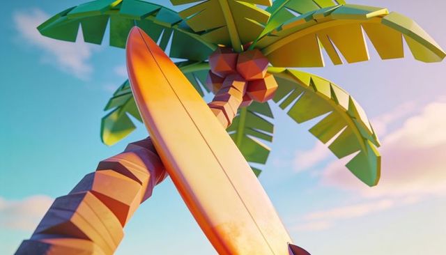 Leaning glossy orange surfboard beside faceted palm trunk under golden sunset light