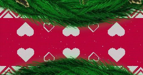 Festive knit fabric with white hearts and fir branches display