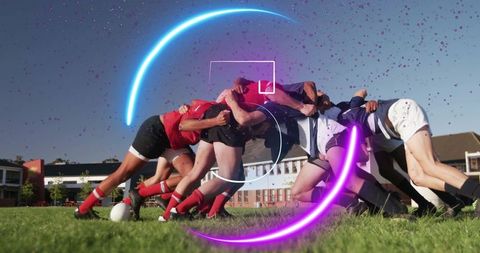 Rugby Players in Competitive Scrum with Futuristic Digital Overlay
