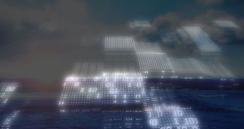 Abstract Digital Grid Hovering Over Ocean at Night