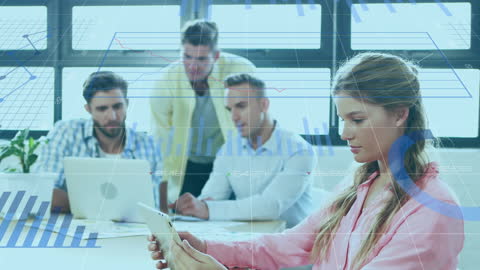 Businesswoman Analyzing Financial Data on Tablet with Graph Overlays