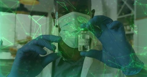 Preparing covid-19 vaccine while holding syringe and vial with green data network overlay