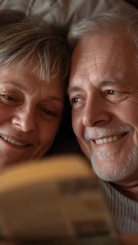 Senior Couple Reading in Bed Sharing Intimate Cozy Nighttime Story Vertical Video