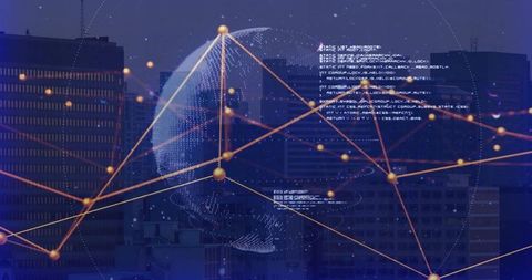 Futuristic Digital Network Overlays on Cityscape