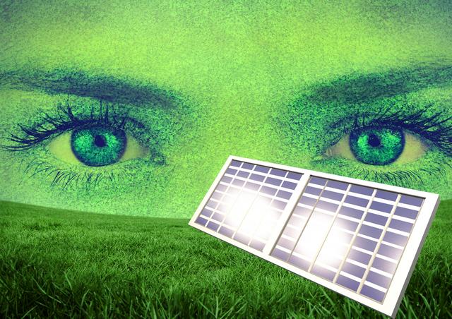 Digital composition of solar panel with field and womans eyes in the background