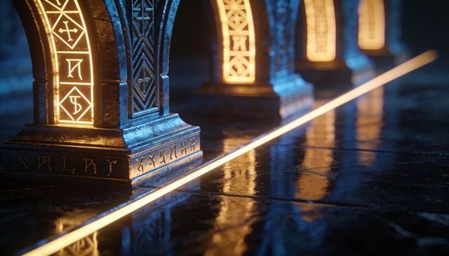 Glowing rune-engraved stone pillars with golden floor strip in mystical temple corridor